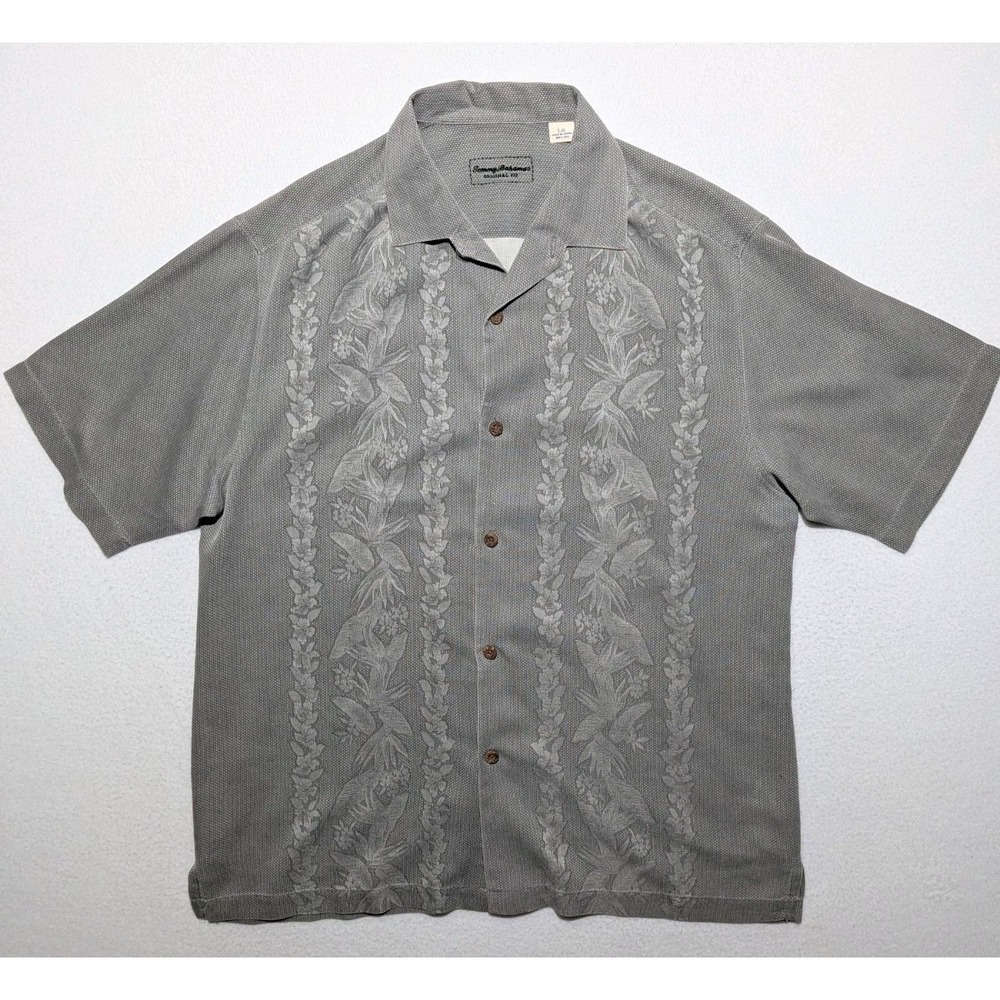 Tommy Bahama Gray Palm Tree Print Silk Blend Hawaiian Button‎ Up Shirt Size L